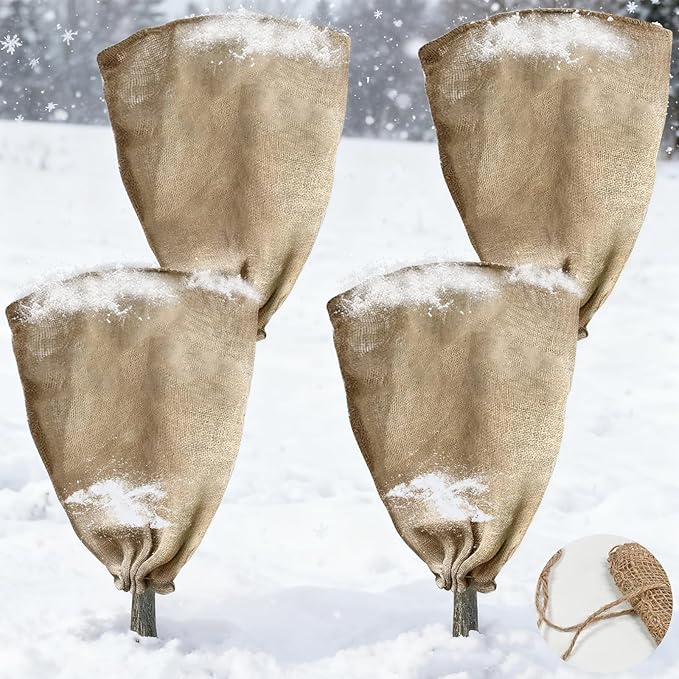 4 Pack 24” × 40” Burlap Winter Plant Cover Bags - Plant Covers Frost Protector with Drawstring Plant Covers Freeze Protection Frost Blankets Shrub Jacket，Freeze Blanket for Outdoor Plants Fruit Tree
