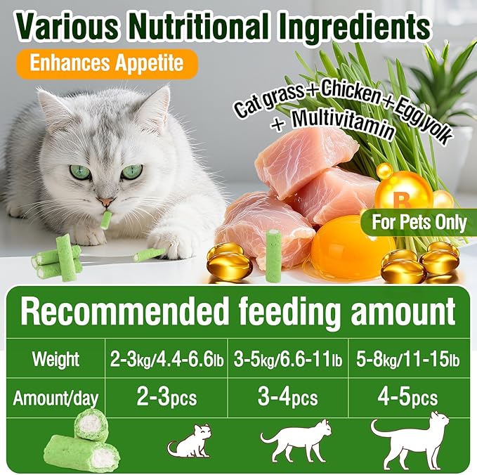 Havenfly Cat Grass Teething Sticks, 3.52oz Edible Natural Dried Cat Grass Treats with Chicken, Cats Snack for Hairball Removal and Dental Care