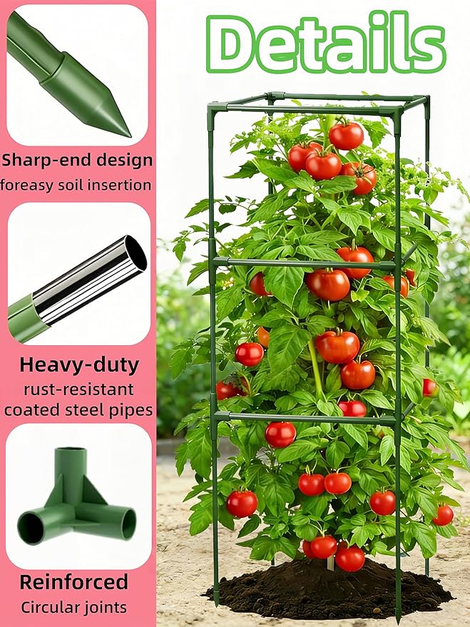 3 Pack Square Tomato Cages for Garden, 48 Inch Tall Heavy Duty Metal Tomato Plant Support Trellis, Adjustable Large Tomato Stakes for Outdoor Pots Climbing Plants, Vegetables, Cucumber