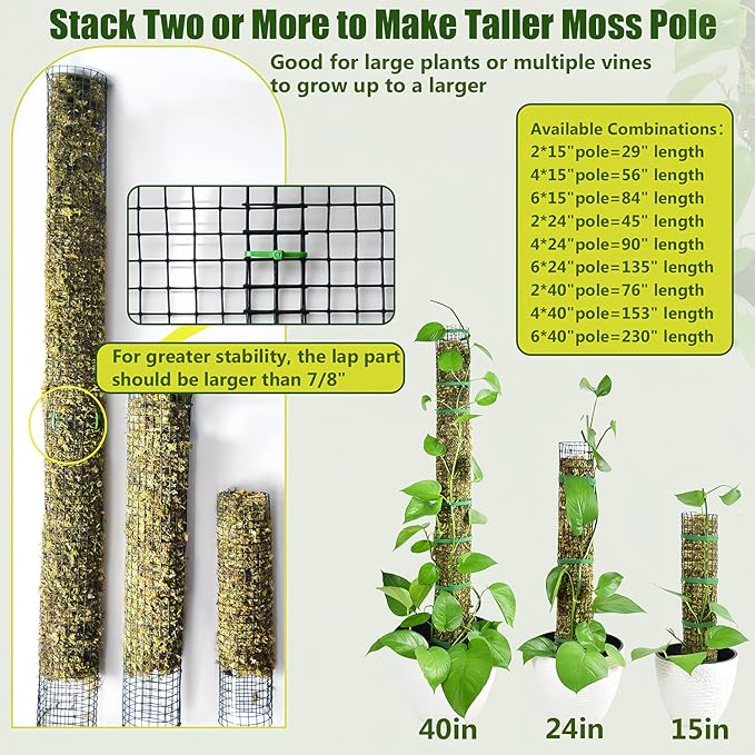 2 Pack Metal Moss Pole, 40" Moss Poles for Plants Monstera, Stackable Sphagnum Moss Pole for Climbing Plants Work with Sphagnum Moss(2 Pack 40")