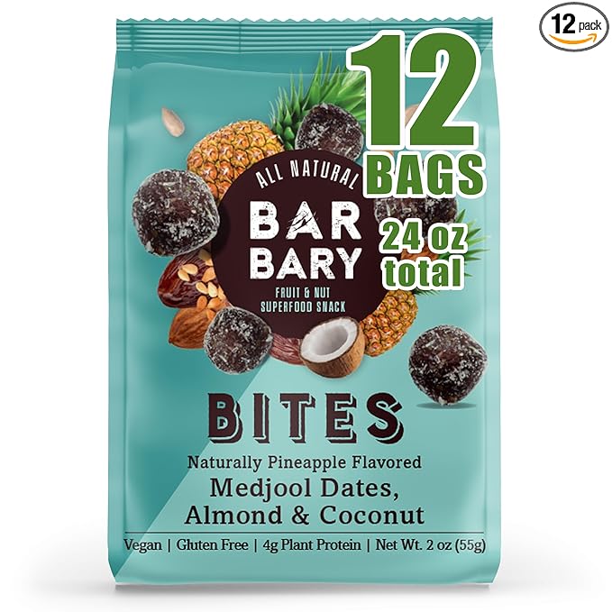 Fruit Nut Seed Healthy Snacks Pack, Almond Coconut Medjool Dates Naturally Pineapple Flavored Bites, Vegan, Gluten Free, No Sugar Added Energy Bars, 12 Bags (2 oz each)