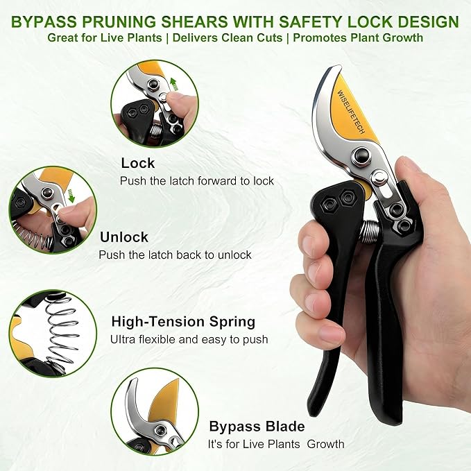 Pruning Shears, Sharp SK5 Steel Garden Clippers with Teflon Coated Blade, Clean Precision Cut, Ergonomic Non-Slip Grip, Easy-Control Hand Pruners for Roses, Shrubs & Plants