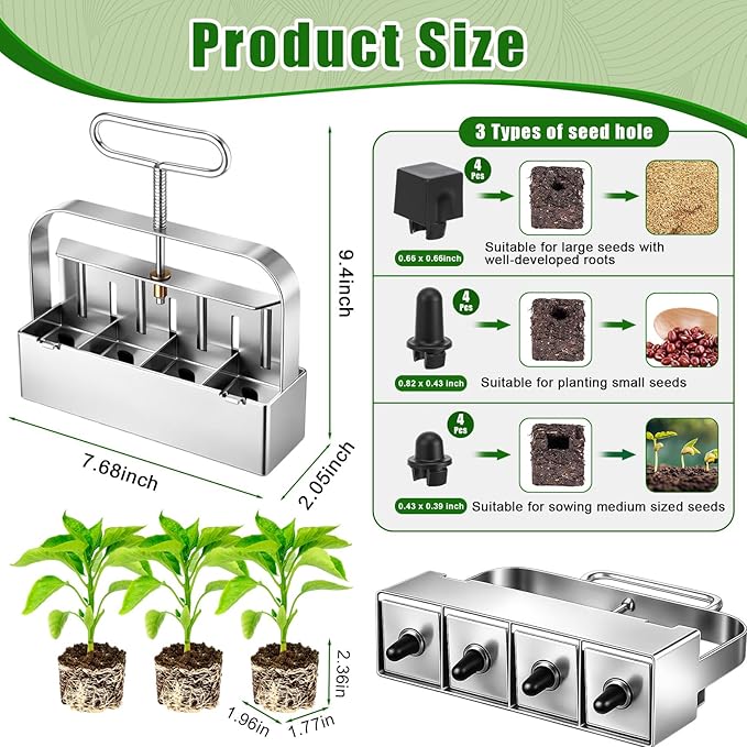 Soil Blocker with 5 Large Stainless Steel Seedling Trays 4 Cell Handheld Seed Blocker 2" Quad Soil Block Maker with 3 Types Seed Pins Water Catch Tray for Seeds Stater Pot Transplant Tray