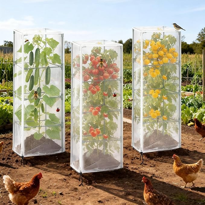 6 Pack 47.2 * 16.9 * 16.9inch Plant Cover for Square Tomato Cage,Tomato Trellis Mesh Netting Covers with Zipper Drawstring Bird Netting for Garden Protection