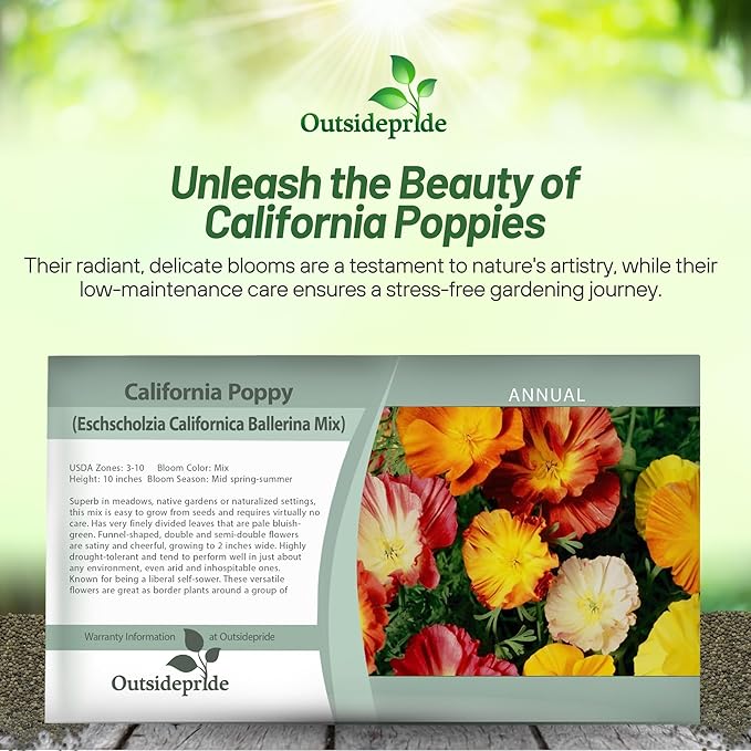 Outsidepride Ballerina Mix California Poppy Seeds - 10000 Pieces Annual, Drought-Tolerant, Self-Sowing Eschscholzia Wildflower Seeds w/Vibrant Color Blooms for Pollinator-Friendly Gardens & Borders