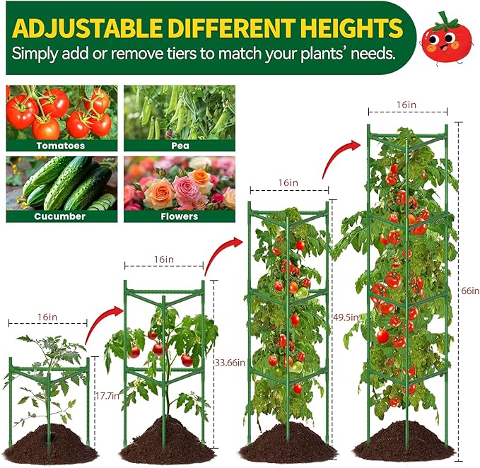4 Pack Large Tomato Cage for Garden Up to 49" H X 16" W Metal Plant Support Stakes with Clips Triangle Pea Cages Cucumber Trellis for Vegetables Pots Vines Flowers Climbing Plants