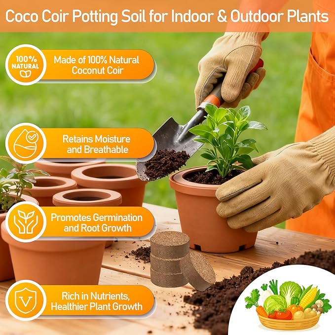Legigo 50 PCS 50mm Coco Coir Pellets Potting Soil Mix- Compressed Coconut Coir Discs Seed Starting Soil Pellets, Coco Peat Soil Pods for Indoor & Outdoor Plants, Gardening Herbs Bonsai and Vegetables