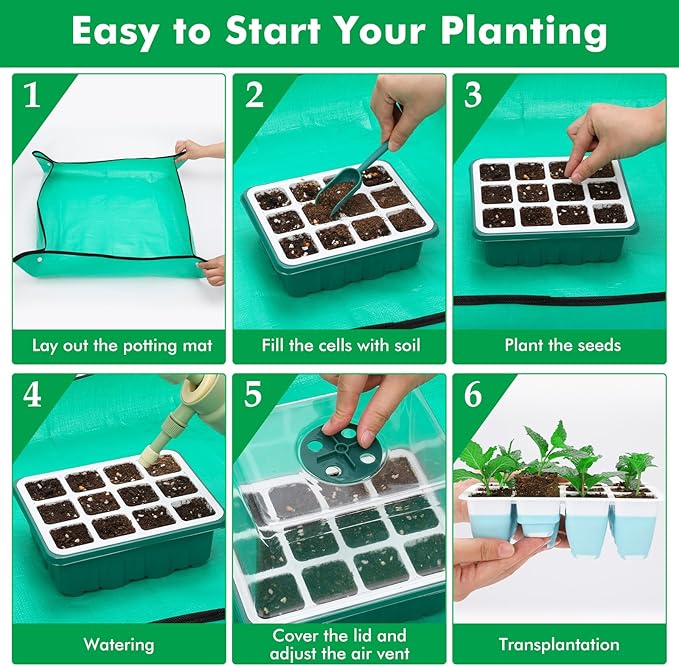 Reusable Seed Starter Tray with 72 Soft Silicone Cells, 6 Pack Seed Starter Kit with Repotting Mat, Humidity Dome and High Lid, Germination Trays for Indoor Greenhouse Seed Starter