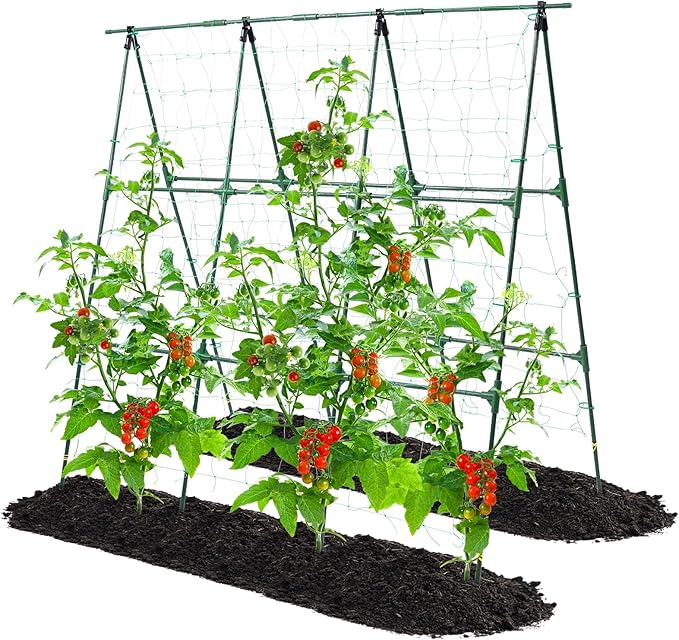 Cucumber Trellis, 50x48 inch A-Frame Garden Trellis for Climbing Plants Outdoor Support for Vegetable Vine Tomato Cucumber Trellis Raised Bed, with Netting, Green