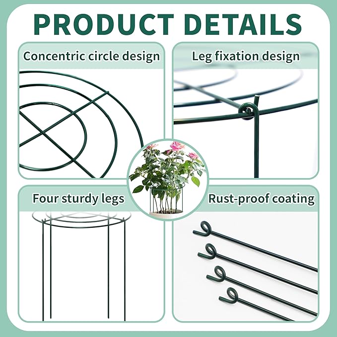 8 Sets Peony Support Cage,Heavy Duty Metal Plant Support Rings with 3.5mm Thickened Legs,10"Dia.x16"High Grow Through Hoops for Peonies and Tall Plants,Rust-Resistant Strong Support for Heavy Blossoms