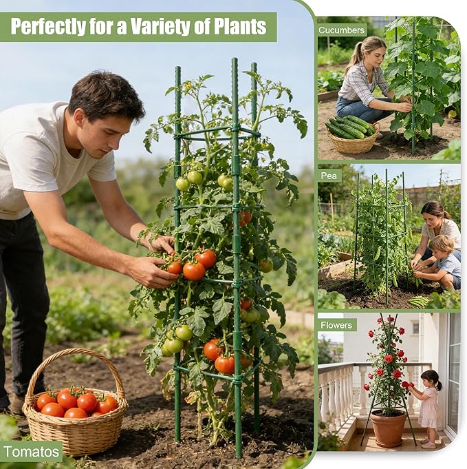 6Packs Tomato Cages, Tomato Trellis for Raised Garden Bed Adjustable Plant Support for Climbing Plants Outdoor Triangle or Square Stake Support for Tomatoes, Vine Climbing Plant(Up to High: 47.2'')