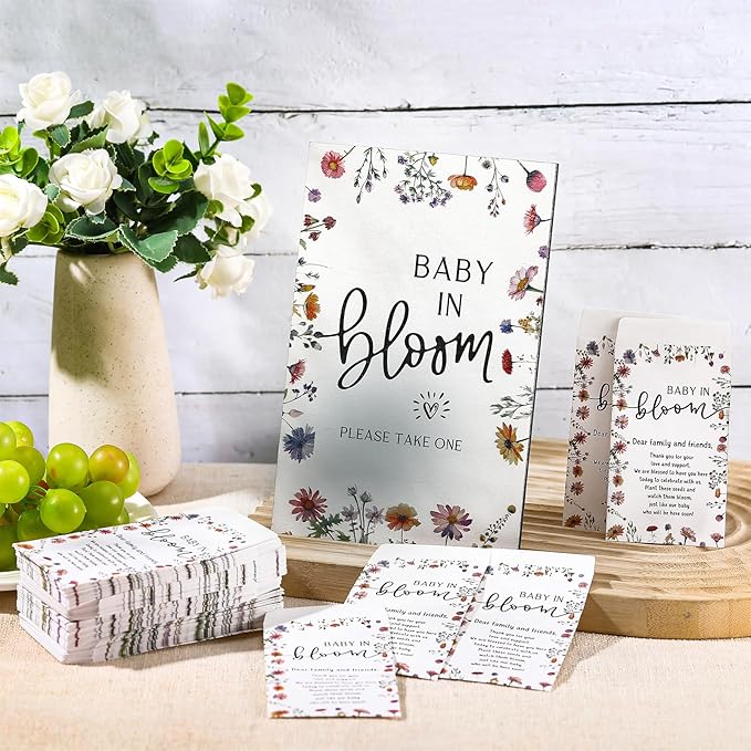 Maitys 100 Pcs Baby Shower Seed Packets Favors for Guests Baby in Bloom Wooden Sign Self Adhesive Envelopes Packet Storage Decor, No Seeds(Boho Wildflowers)