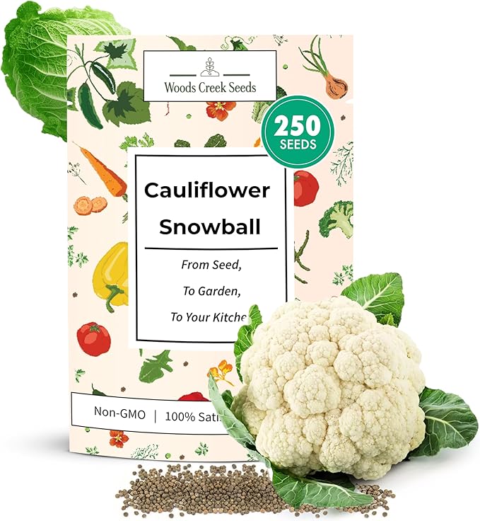 Woods Creek Seeds: Snowball Cauliflower Seeds for Planting - Heirloom Variety with Compact White Heads - Fast-Growing Cauliflower Seeds - Non-GMO, High Germination, Home Garden Favorite