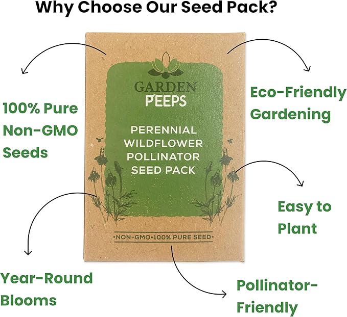 Garden Peeps Perennial Wildflower Pollinator Seed Pack - 10 Unique Varieties, 100% Pure, Non-GMO, Eco-Friendly Seeds for Year-Round Blooms