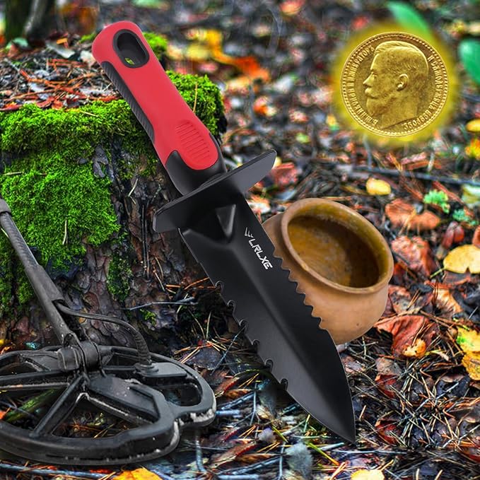 Metal Detector Shovel, Heavy Duty Double Serrated Edge Digger with Sheath, Gardening & Metal Detecting Accessories for Digging, Weeding and Planting