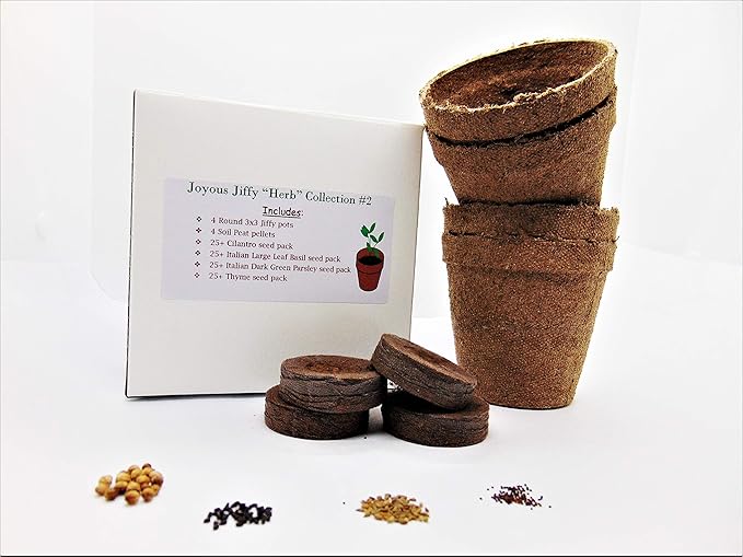 Joyous Jiffy "Herb" Collection #2-(2) Round 3x3 Jiffy pots,(2)Soil Peat Pellets(1)25+ Cilantro Seed pk(1)25+ Italian Large Leaf Basil Seed pk(1)25+ Italian Dk Green Parsley seed pk(1)25+ Thyme Seed pk