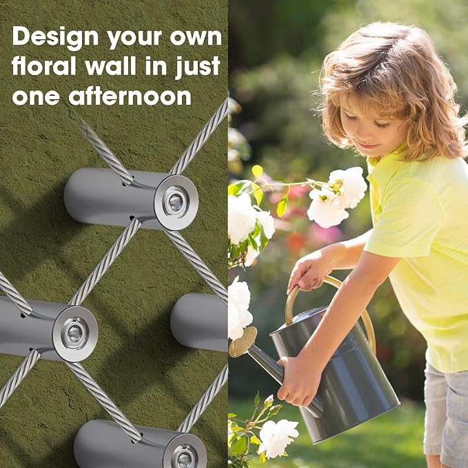 Wire Trellis Kit for Climbing Plants Outdoor - 10-Set Wall Mounted Trellis with 53Ft x 1/8" T316 Stainless Steel Rope, Heavy Duty Garden Wire Trellis System for Espalier & Vertical Gardening