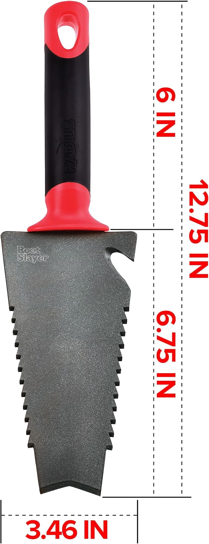 Root Slayer 17011 Garden Trowel with Holster for Digging, Planting, and Root Cutting, Serrated Steel Blade, Red