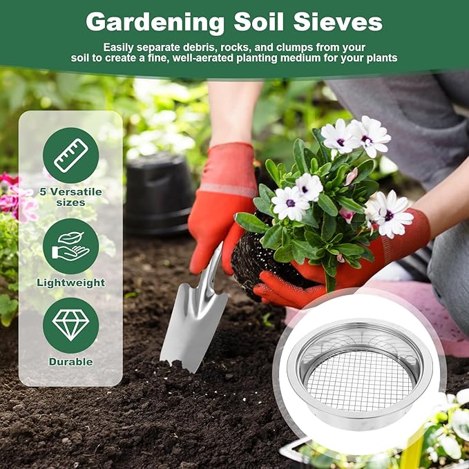 7 Pcs Soil Sifter Set Stainless Steel Riddle Sieve Set for Gardening with 5 Sizes 7.68" Diameter 1/3/6/9/12mm Interchangeable Meshes - Garden Potting Sieves with Shovel - Planting Soil Sifters Strains