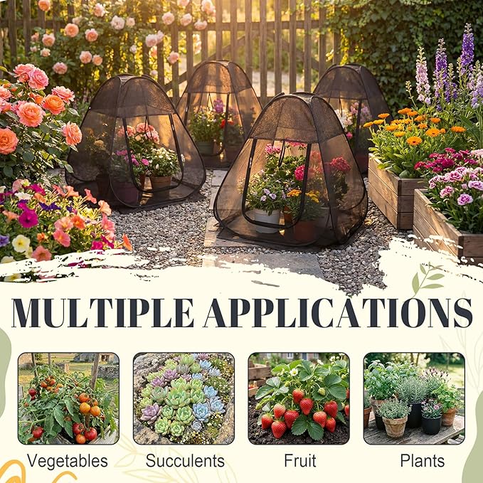 4 Pack Pop up Plant Shade Tent with UV Top, Garden Mesh Tent Cover with Zipper Door and 16 Stakes, Sunblock Plant Shade Cloth for Outdoor Vegetables Flowers Shrubs(22x22x23in)