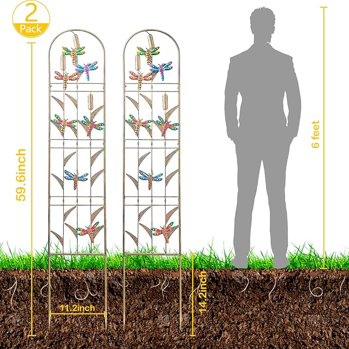 aboxoo Set of 2 Packs Dragonfly Metal Garden Trellis for Climbing Plants,Outdoor Decorative Flowers Arch Fence Trellis for Outdoor Patio,Garden,Lawn,Yard,Backyard,Wall Brackets,60'' H x 11'' W
