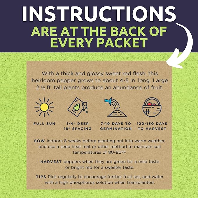 Organic Sweet Pepper Seeds Variety Pack - 5 Individual Packs - 2026 Season - Red, Yellow, Green and More! for Indoor & Outdoor Planting (Non-GMO, Certified Organic)