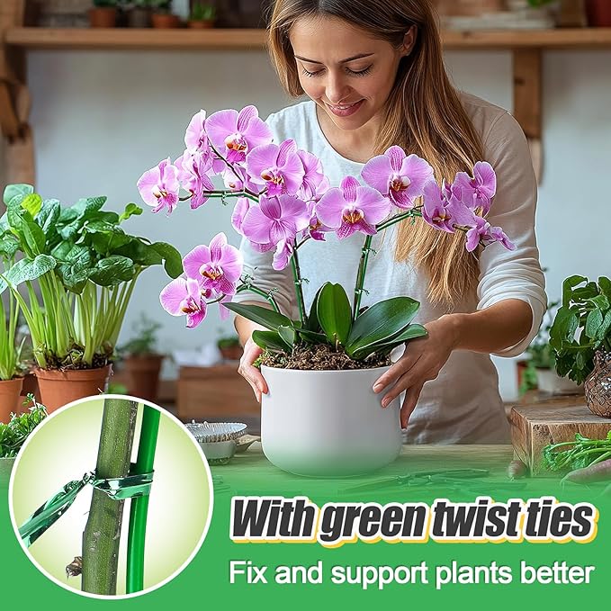 32ft Bendable & Cuttable Plant Stakes, Green Orchid Flower Stem Support Sticks with 800 Ties for Monsteras Money Trees Indoor Potted Plants Beans