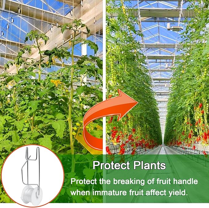Tomato Support Hooks with String,10 Pack Tomato Trellis Roller Hooks with 49.2FT String for Plant,Greenhouse Tomato Flower Vine Twine Crop Trellis Kit Tomato Plant Roller Hook