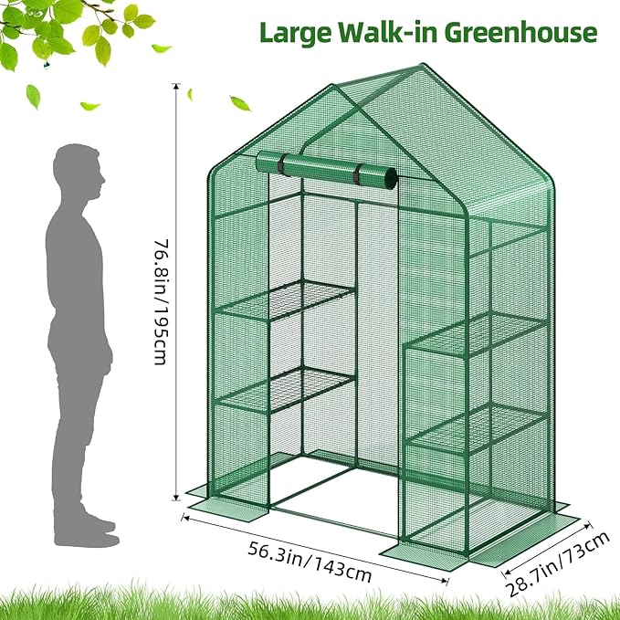 Superlele Walk-in Greenhouse for Outdoor, 56x29x77 Inch Portable Garden Green House with 6 Tiers (3 Tiers Each Side), Reinforced Green PE Mesh Cover, 4 Ground Stakes for Stability, Zippered Door