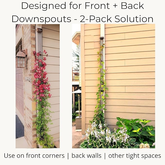 Downspout Trellis for Rain Gutters and Downspouts 9 ft x 4 Climbing Plant Support, HDPE Mesh Vine Trellis with Mounting Hardware for Clematis and Vines, Scroll Trellis 2-Pack