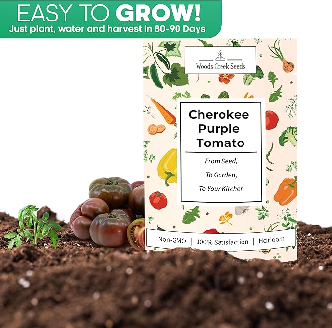 Woods Creek Seeds: Cherokee Purple Tomato Seeds for Planting - Heirloom Tomato Seeds for Planting Outdoors, Indoors, Patio or Home Plant Garden - Non-GMO Seed Pack of Indeterminate Slicing Tomatoes