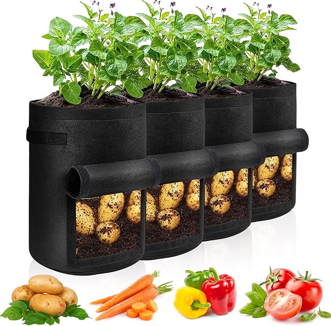 JJGoo 4 Pack Potato Grow Bags 10 Gallon with Flap, Heavy Duty Fabric with Handle and Harvest Window, Non-Woven Planter Pot Plant Garden Bags to Grow Vegetables Tomato, Black
