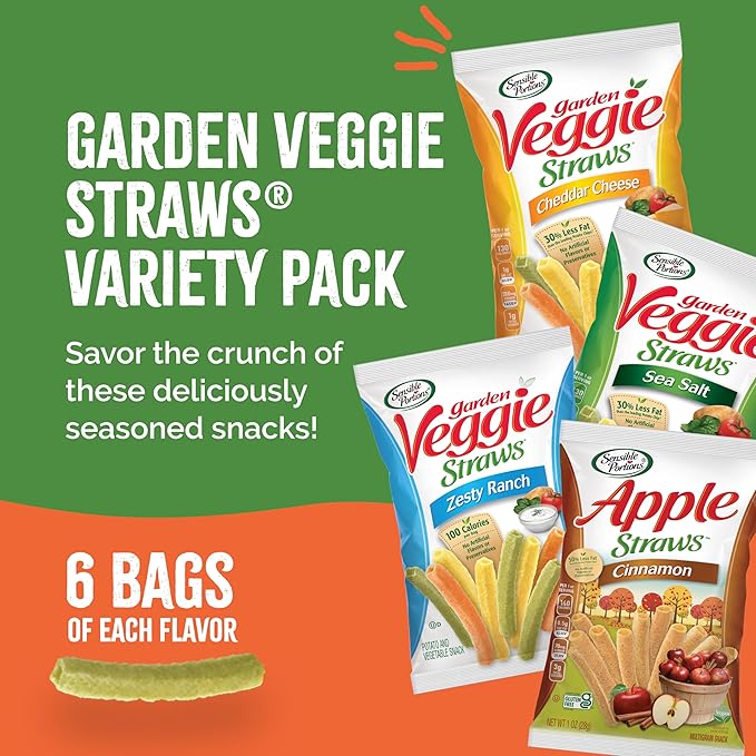 Sensible Portions Veggie Straws - Garden Snacks Variety Pack, Sea Salt, Ranch, Cheddar, Apple Cinnamon, Gluten Free Bulk Snacks, 1 Oz (Pack of 24)
