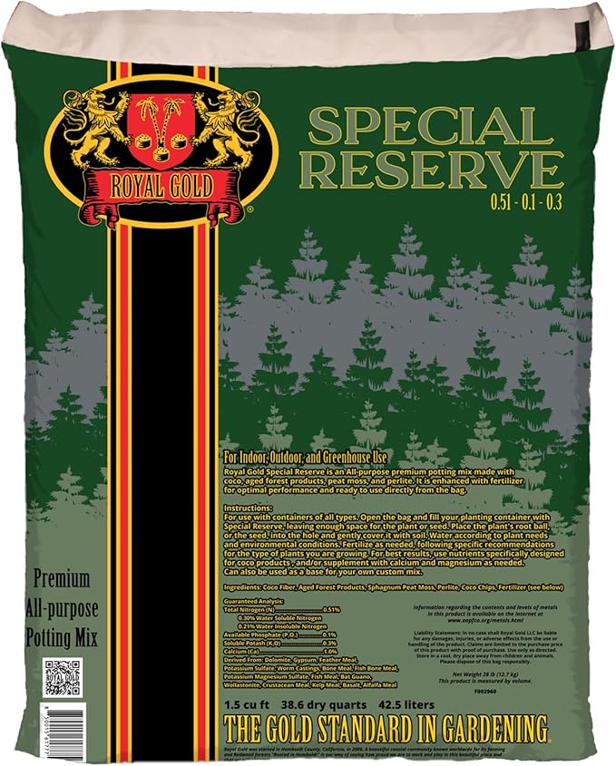 Royal Gold Special Reserve Premium Potting Mix, 1.5 Cubic Foot - All-Purpose Soil for Indoor & Outdoor Container Gardens - Coco, Composted Forest Material, Peat Moss & Perlite, Pre-Fertilized Blend