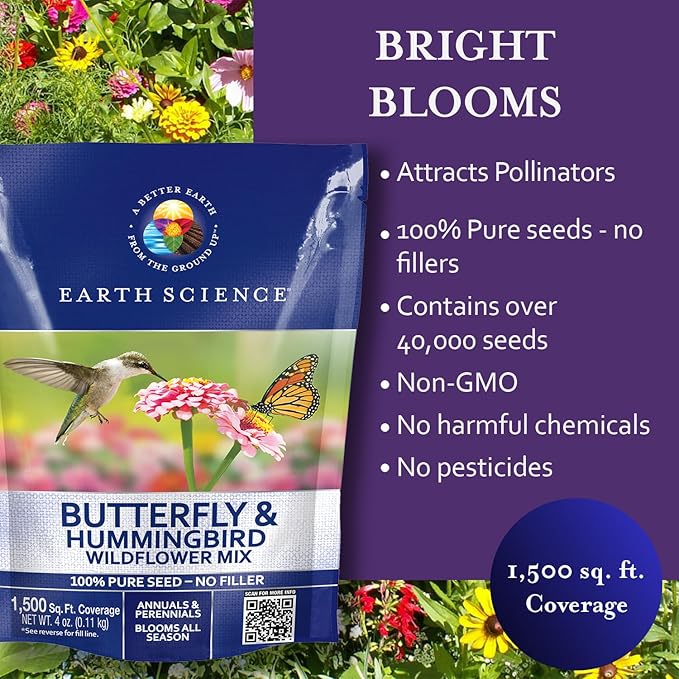 Earth Science Butterfly & Hummingbird Wildflower Seed Blend - 4oz - Premium Flower Seeds to Attract Bees, Butterflies, Hummingbirds & Native Pollinators - Non GMO