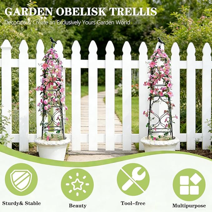 aboxoo Set of 2 Packs Sturdy Metal Garden Obelisk Trellis for Climbing Plants,Versatile Support for Roses, Topiaries & Houseplants, Easy to Assemble, Durable & Decorative for Indoor/Outdoor Displays