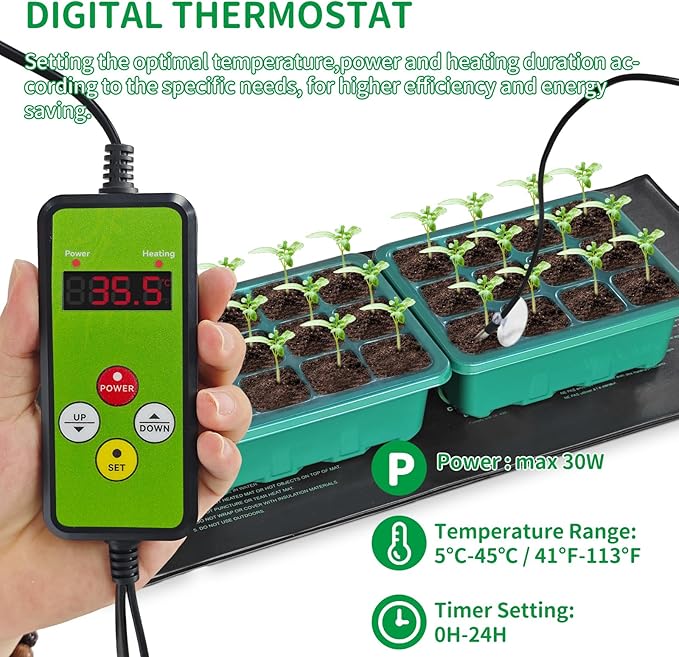 AUPETEK Seedling Heat Mat with Thermostat Controller and 5 Pack Seed Starter Tray Combo Set for Seed Germination Plant Propagation MET Standard
