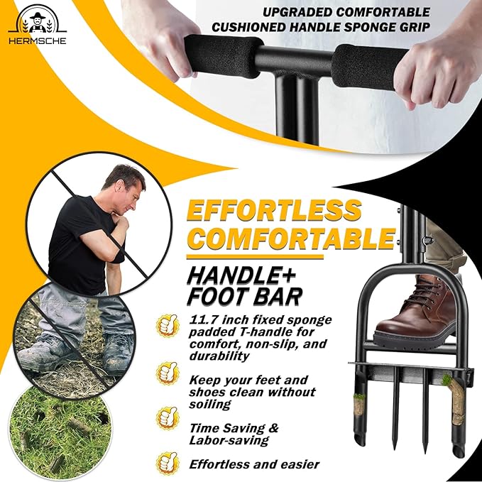 Lawn Aerator Coring Tool, Manual Plug Core Aerators with Cleaning Stick, 2 Half-Open Hollow Slot Tines and 2 Spike Heavy Duty Grass Aeration Tool for Soils Yard Garden