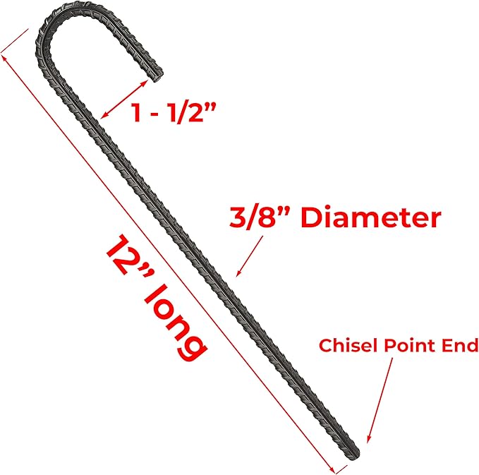 NHZ 12” Ground Rebar Stakes (16pcs) Heavy Duty J Hook Ground Anchors, Curved Steel Plant Support Garden Stake with Chisel Point end, Hammer for Camping Tent - Black Powder Coated