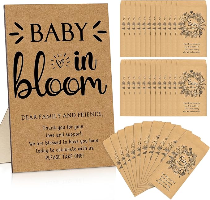 Maitys 100 Pcs Baby Shower Seed Packets Favors for Guests Baby in Bloom Wooden Sign Self Adhesive Envelopes Packet Storage Decor, No Seeds(Retro Wildflower)
