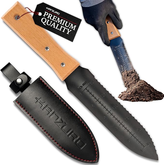Hori Hori Garden Knife - Japanese Style Weeding & Digging Knife with Stainless Steel Blade, Depth Markings, Wooden Handle & Protective Sheath - Black