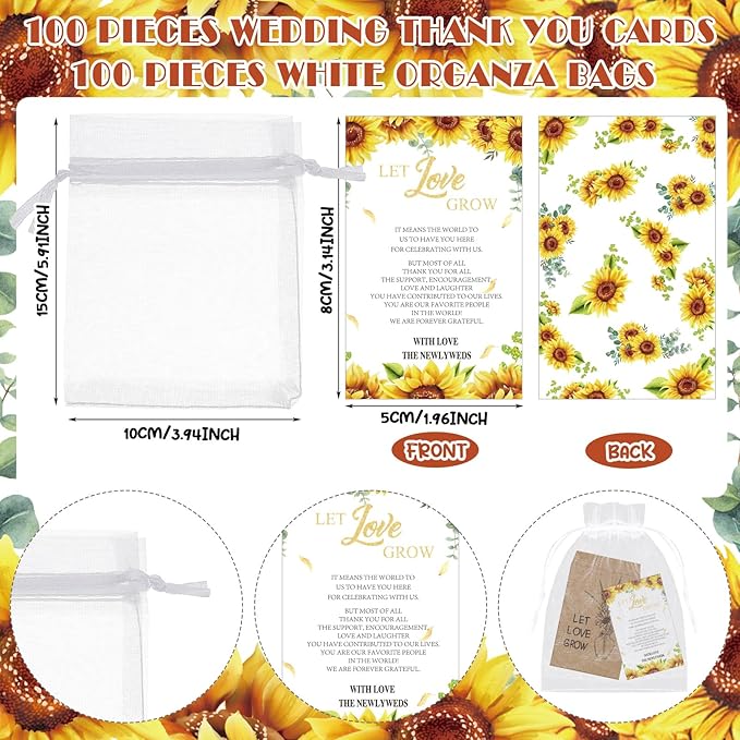 Ireer 301 Pcs Sunflower Wedding Favors for Guests Set Include 1 Wooden Sign 100 Let Love Grow Seed Packets Self Adhesive Wedding Envelopes 100 Let Love Grow Cards 100 Bags for Guest Bridal Shower