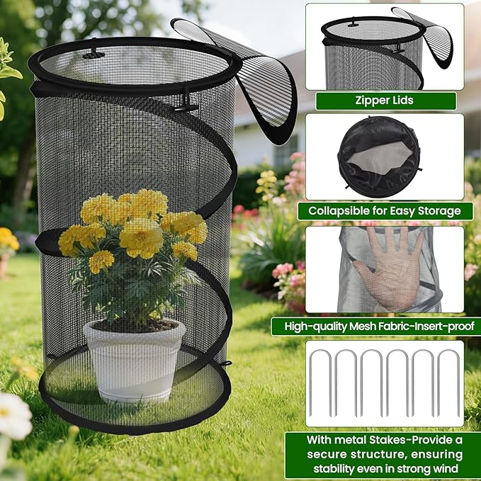 4 Pack Pop up Plant Guard Covers Tent from Animals Black, 19.6" x 11.8" Foldable Plant Protectors Mesh Net, Garden Plant Enclosure Protection Cage with Stakes & Carry Bag for Outdoor Plants