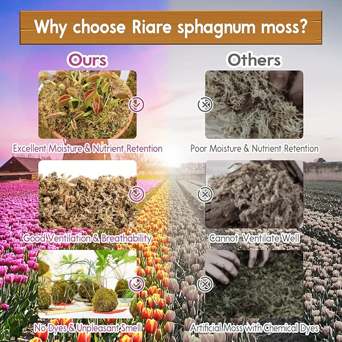 Riare 3.3 LB Premium Sphagnum Moss for Plants- 60QT Natural Long Fibered Sphagnum Peat Moss Plants Moss Dried, Carnivorous Plants Moss Orchid Potting Mix for Orchids, Carnivorous Plants, Succulent