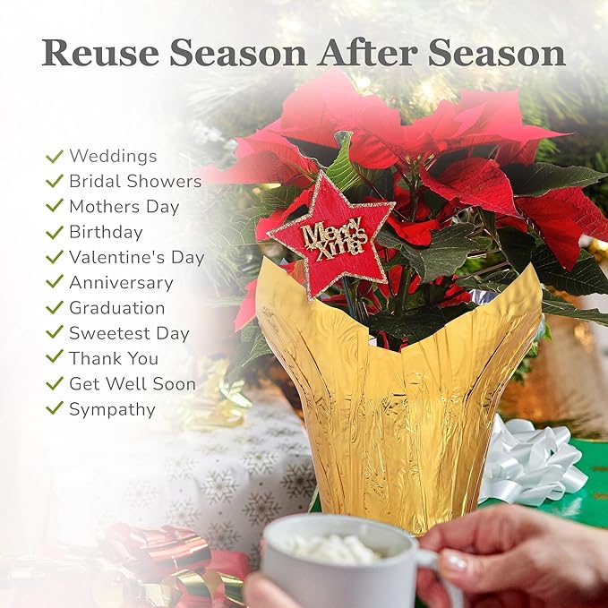 4.5” STD Plant Pot Covers, Decorative Plant Sleeve for Indoor & Outdoor House Plants, Reusable and Gift-Ready Foil Wrap for Flower Pots, Gold, Pack of 5