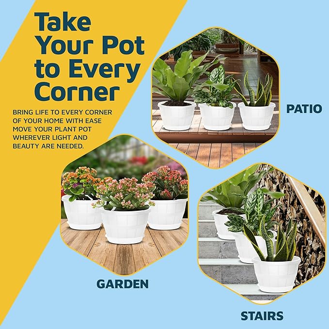 10-Inch Whiskey Barrel Planters Outdoor Pack of 2 - Durable Plastic Plant Pots for Indoor & Outdoor Use with Drainage & Saucer, Lightweight Rustic Barrel Planters for Flowers, Herbs & Small Plants