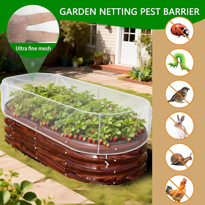 2 PCS Garden Netting for Raised Beds 4x8 Fine Mesh Raised Beds Garden Bug Netting Pest Barrier Screen with Drawstring for Plants to Keep Small Animals Pest Out Protect for Vegetables (4x8 FT)