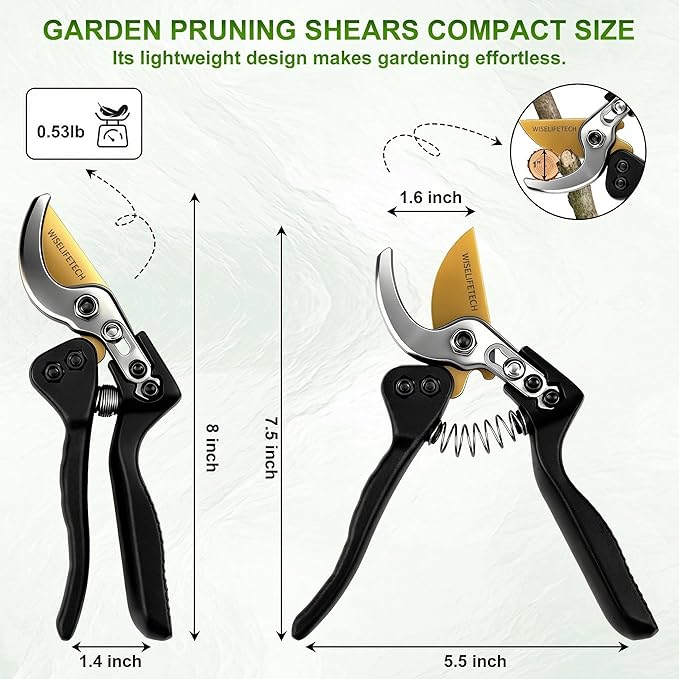 Pruning Shears, Sharp SK5 Steel Garden Clippers with Teflon Coated Blade, Clean Precision Cut, Ergonomic Non-Slip Grip, Easy-Control Hand Pruners for Roses, Shrubs & Plants