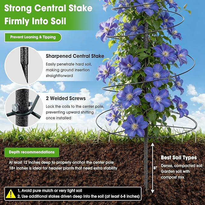 Trellis for Climbing Plants, 45” Metal Spiral Frame Pea Trellis with Center Pole, Adjustable Vine Plant Tower Supports for Outdoor Beans,Cucumbers,Vegetable,Flowers,Pots,Garden Raised Bed,12” Dia