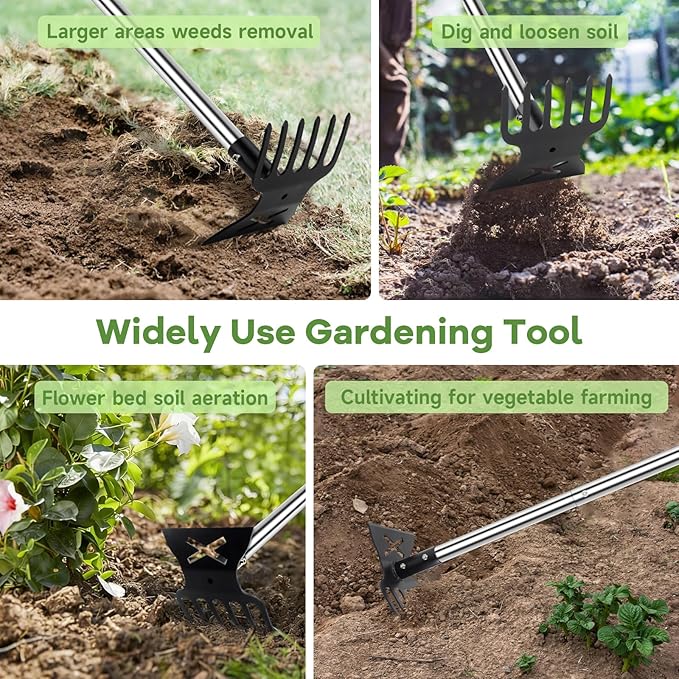 2 in 1 Garden Hoe and Cultivator Weeding Rake 6 Tines, Manual Weed Puller Tool with Long Handle, 56" Heavy Duty Hand Weeder Remover Tools for Patio, Lawn, Garden, Flower Beds, Loosen Soil and Planting